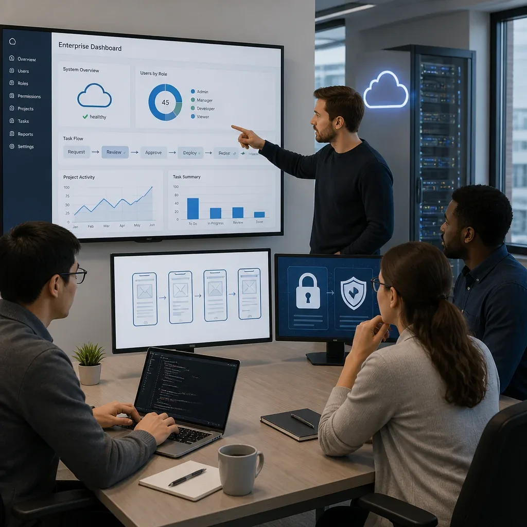 Developers reviewing enterprise application architecture on a whiteboard